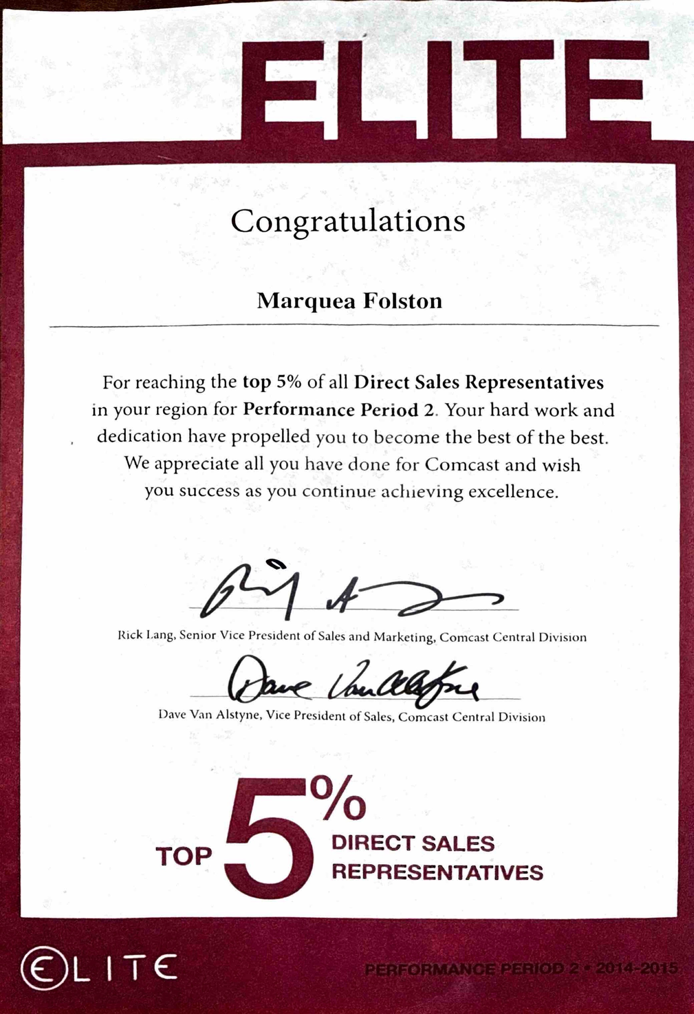 Comcast ELITE Award — Top 5%